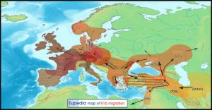 Hart migratiei R1b a grupului Y-haplogroup R1b din Paleolithic catre sfarsitul epocii de bronz (c. 1000 ihr)