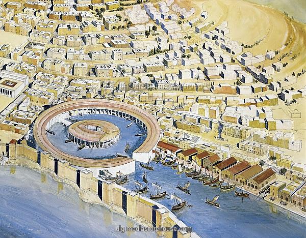 Reconstructie a Byrsei cu orasul punic si portul circular